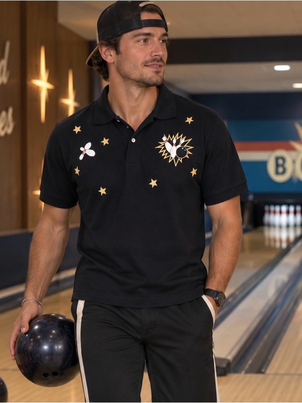 Vintage Print-Ons Bowling Polo Shirt Black Gold Stars Small